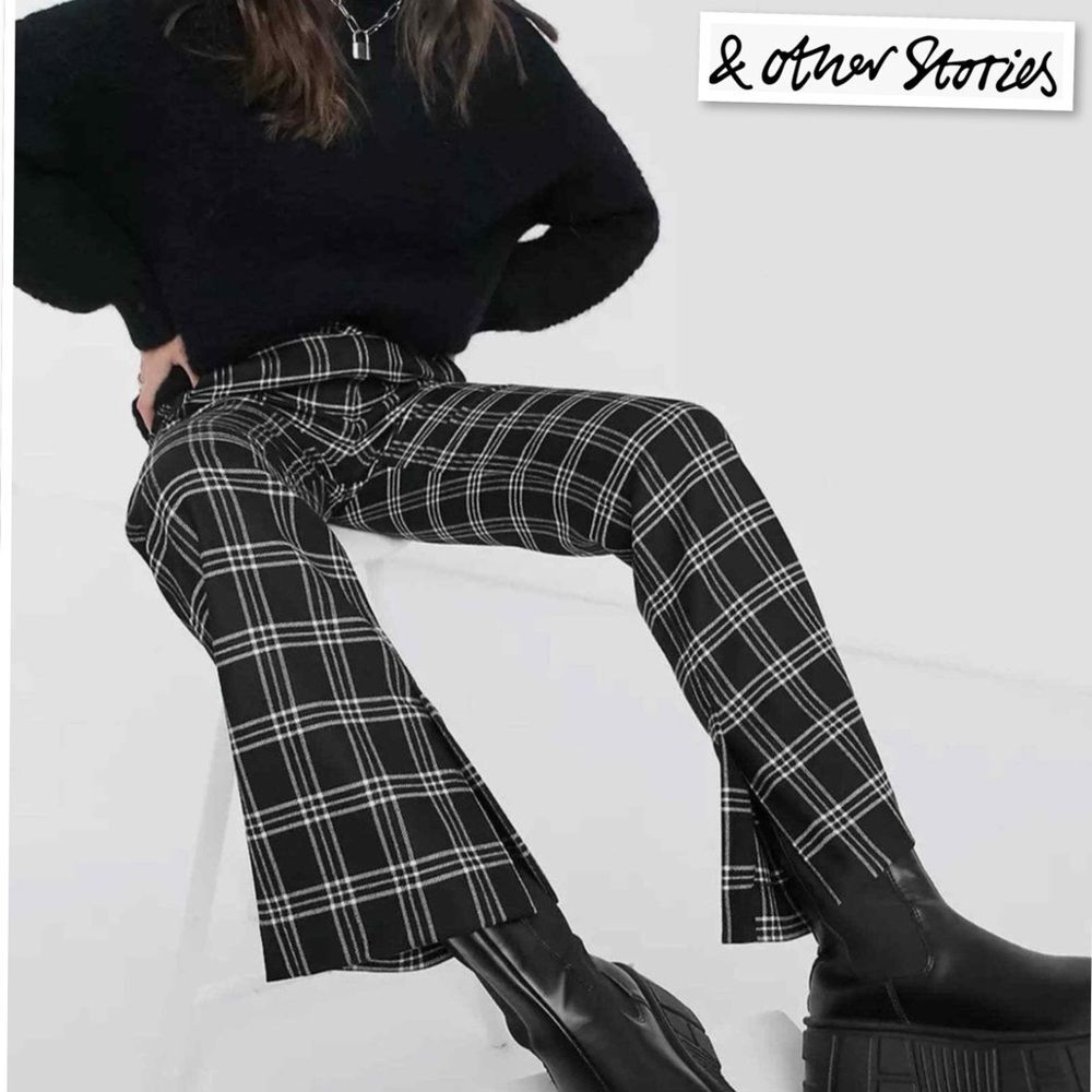 & Other Stories Plaid Strait Leg With Slits Black & White Dress Pants Size US 4